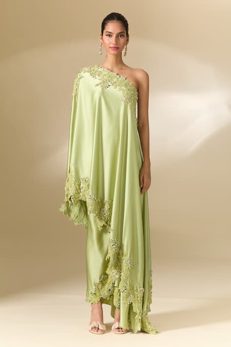 Shop_Anamika Khanna_Green Silk Embroidery Asymmetric Placed 3d Cape Tunic And Draped Skirt Set