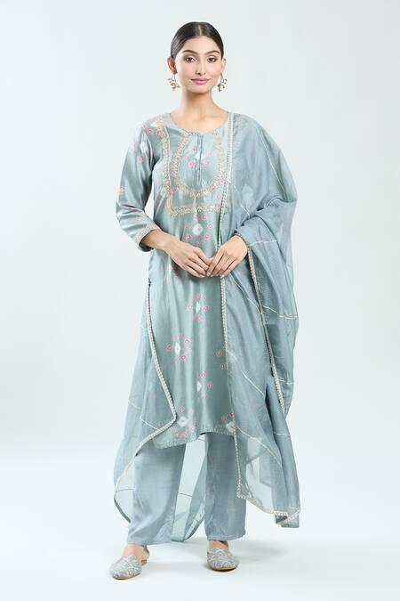 Shop_Naintara Bajaj_Grey Chanderi , Kota Doria, Bandhani Printed Kurta And Pant Set