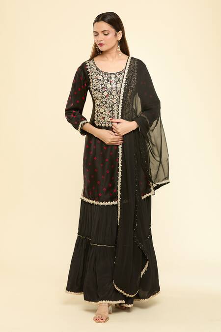 Buy Samyukta Singhania Black Satin, Silk, Chiffon Embroidery Round Neck Straight Kurta Sharara Set Buy_Samyukta Singhania_Black Satin, Silk, Chiffon Embroidery Round Neck Straight Kurta Sharara Set