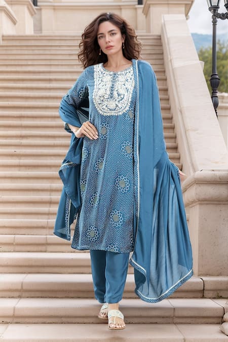 Samyukta Singhania Blue Kurta Satin Silk Print Bandhani Round Floral Embroidered Yoke And Pant Set 