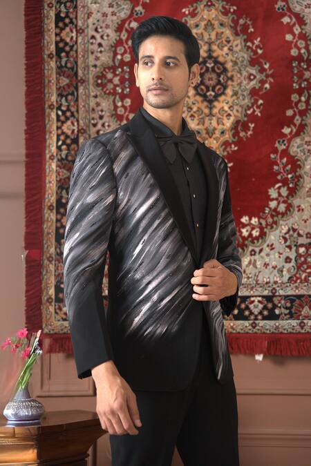 Buy The House Of Diwans Black Polyester, Cotton, Satin Embroidery, Stripe Hand Painted Blazer Set Online at Aza Fashions Buy_The House Of Diwans_Black Polyester, Cotton, Satin Embroidery, Stripe Hand Painted Blazer Set _Online_at_Aza_Fashions