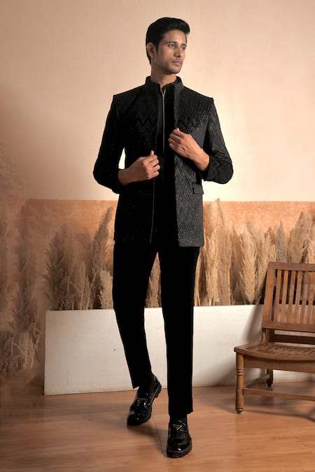 The House Of Diwans Black Blazer Velvet Woven Chevron Bandhgala Set 