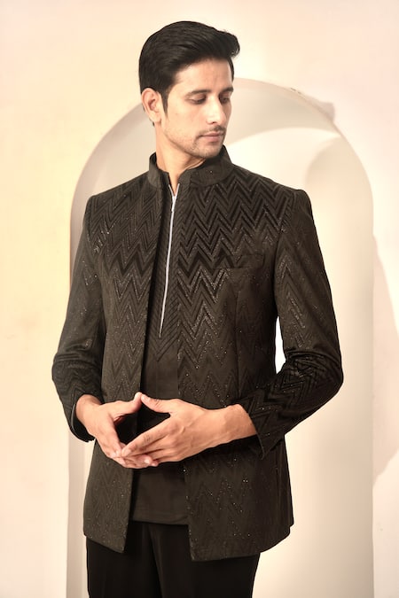 Buy The House Of Diwans Black Velvet, Cotton, Polyester, Viscose Embroidery Chevron Woven Bandhgala Set Online at Aza Fashions Buy_The House Of Diwans_Black Velvet, Cotton, Polyester, Viscose Embroidery Chevron Woven Bandhgala Set _Online_at_Aza_Fashions