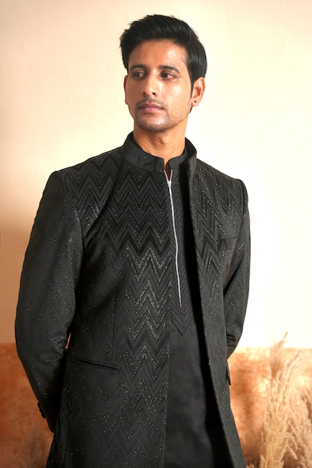 Shop The House Of Diwans Black Velvet, Cotton, Polyester, Viscose Embroidery Chevron Woven Bandhgala Set Online at Aza Fashions Shop_The House Of Diwans_Black Velvet, Cotton, Polyester, Viscose Embroidery Chevron Woven Bandhgala Set _Online_at_Aza_Fashions