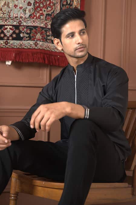 Buy_The House Of Diwans_Black Cotton, Polyester, Viscose Pleated Kurta And Trouser Set _Online_at_Aza_Fashions