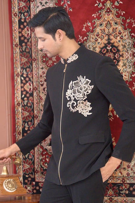 Buy_The House Of Diwans_Black Cotton Embroidery Floral Placement Bandhgala Set _Online_at_Aza_Fashions