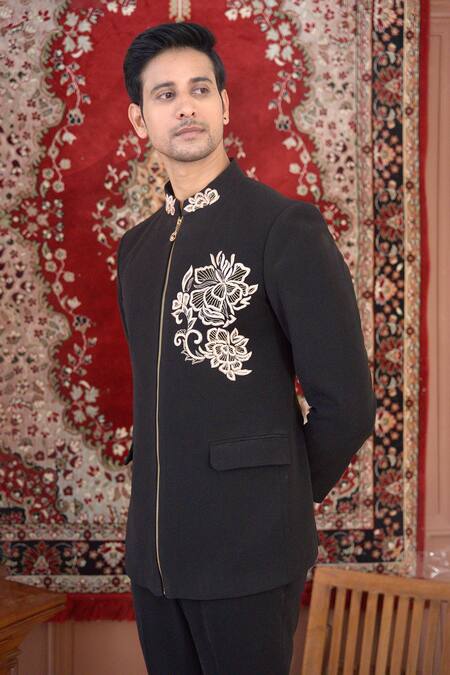 Shop_The House Of Diwans_Black Cotton Embroidery Floral Placement Bandhgala Set _Online_at_Aza_Fashions