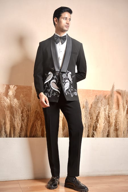 The House Of Diwans Black Blazer And Trouser Japanese Embroidery Zari Bird Set 