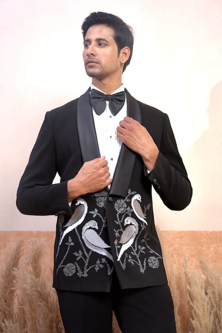 The House Of Diwans Black Polyester, Cotton, Wool, Satin Sequins, Zari, Embroidery Bird Blazer Set Online at Aza Fashions The House Of Diwans_Black Polyester, Cotton, Wool, Satin Sequins, Zari, Embroidery Bird Blazer Set_Online_at_Aza_Fashions
