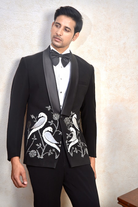 Buy The House Of Diwans Black Polyester, Cotton, Wool, Satin Sequins, Zari, Embroidery Bird Blazer Set Online at Aza Fashions Buy_The House Of Diwans_Black Polyester, Cotton, Wool, Satin Sequins, Zari, Embroidery Bird Blazer Set_Online_at_Aza_Fashions