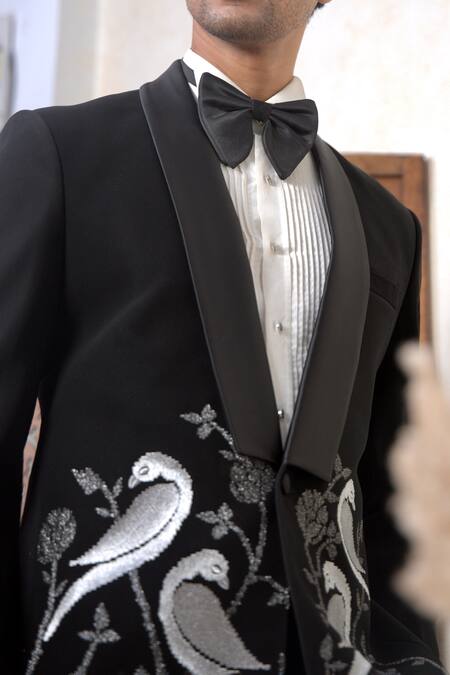 Shop The House Of Diwans Black Polyester, Cotton, Wool, Satin Sequins, Zari, Embroidery Bird Blazer Set Online at Aza Fashions Shop_The House Of Diwans_Black Polyester, Cotton, Wool, Satin Sequins, Zari, Embroidery Bird Blazer Set_Online_at_Aza_Fashions