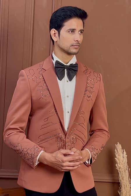 The House Of Diwans Orange Blazer And Trouser Poly Viscose Embroidery Cutdana Set 