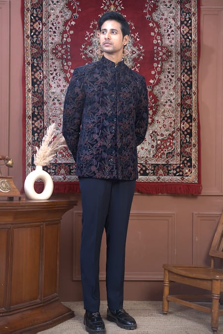 The House Of Diwans Blue Blazer Velvet Embroidery Thread Floral Bandhgala Set 