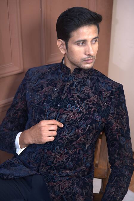 Buy_The House Of Diwans_Blue Velvet, Cotton Sequins, Embroidery Floral Bandhgala Set _Online_at_Aza_Fashions