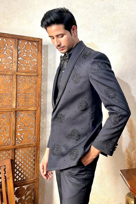 Shop_The House Of Diwans_Grey Polyester, Viscose, Cotton, Satin Cutdana Embroidered Blazer Trouser Set _Online_at_Aza_Fashions