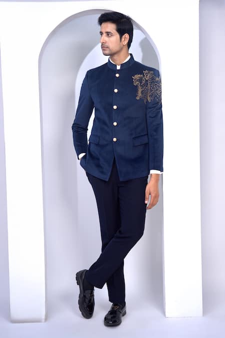 The House Of Diwans Blue Blazer Velvet Embroidery Cutdana Bandhgala Set 