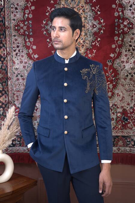 Buy_The House Of Diwans_Blue Velvet, Cotton Cut Work Cutdana Embroidered Bandhgala Set _Online_at_Aza_Fashions