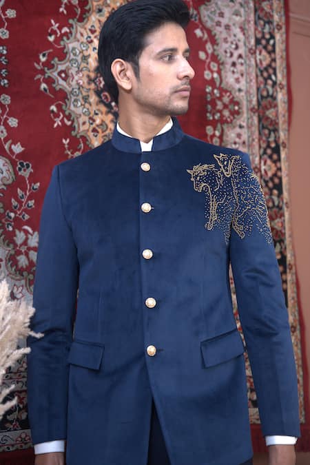 Shop_The House Of Diwans_Blue Velvet, Cotton Cut Work Cutdana Embroidered Bandhgala Set _Online_at_Aza_Fashions