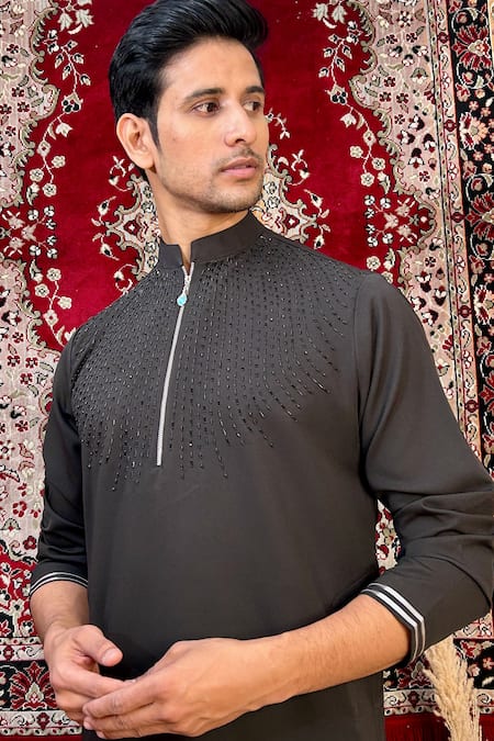 Buy_The House Of Diwans_Black Crepe Cut Work Cutdana Yoke Embroidered Kurta Set _Online_at_Aza_Fashions