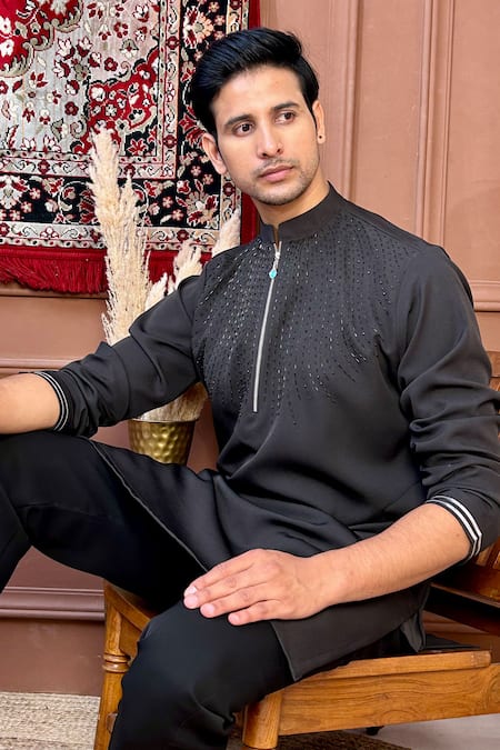 Shop_The House Of Diwans_Black Crepe Cut Work Cutdana Yoke Embroidered Kurta Set _Online_at_Aza_Fashions