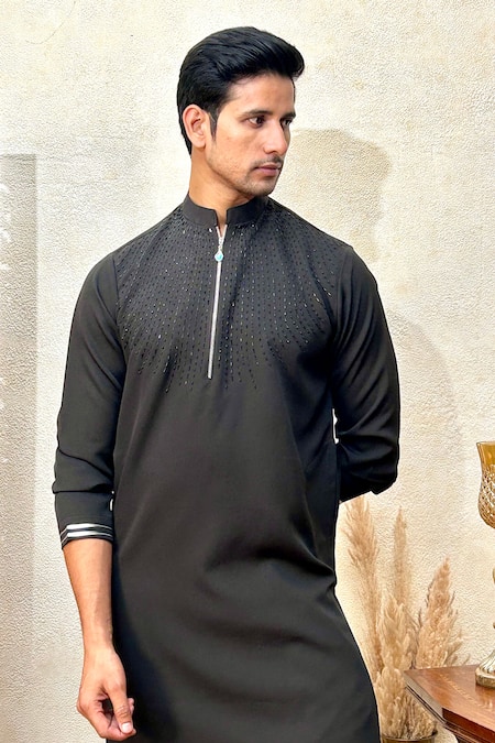 The House Of Diwans_Black Crepe Cut Work Cutdana Yoke Embroidered Kurta Set _at_Aza_Fashions