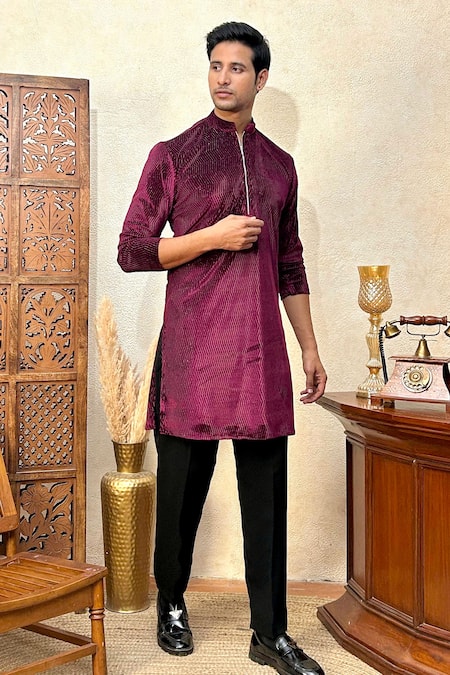 The House Of Diwans Wine Kurta Velvet Woven Chevron Set 