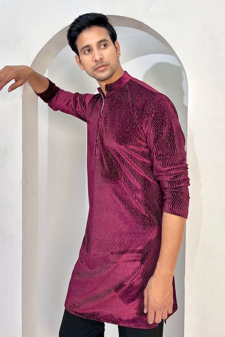 The House Of Diwans_Wine Velvet, Crepe Embroidery Chevron Woven Kurta Set _Online_at_Aza_Fashions