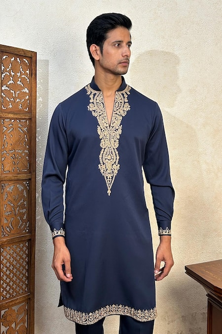 Buy_The House Of Diwans_Blue Crepe Diamonds Dori Placement Embroidered Kurta Set _Online_at_Aza_Fashions