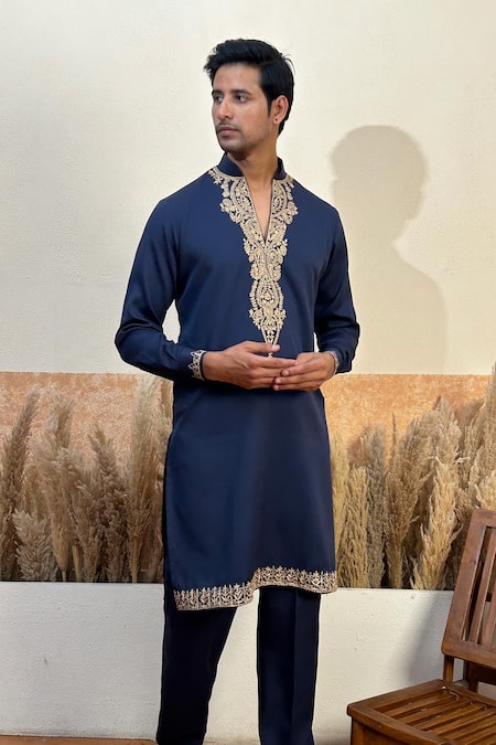 Shop_The House Of Diwans_Blue Crepe Diamonds Dori Placement Embroidered Kurta Set _Online_at_Aza_Fashions