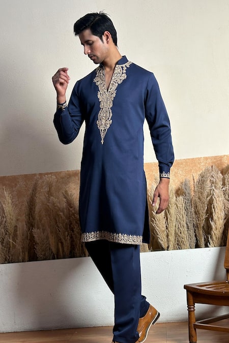 The House Of Diwans_Blue Crepe Diamonds Dori Placement Embroidered Kurta Set _at_Aza_Fashions