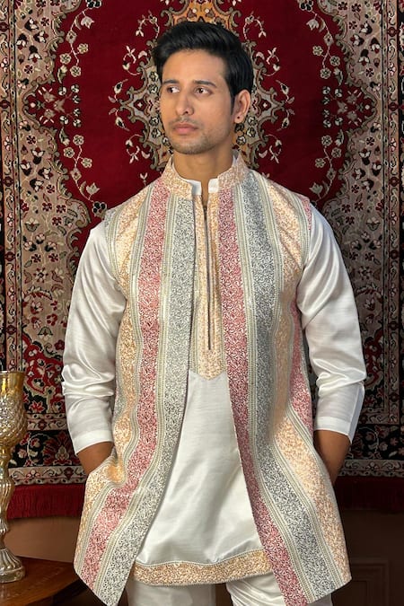 Buy_The House Of Diwans_Cream Polyester Embroidery Bundi And Kurta Set _Online_at_Aza_Fashions