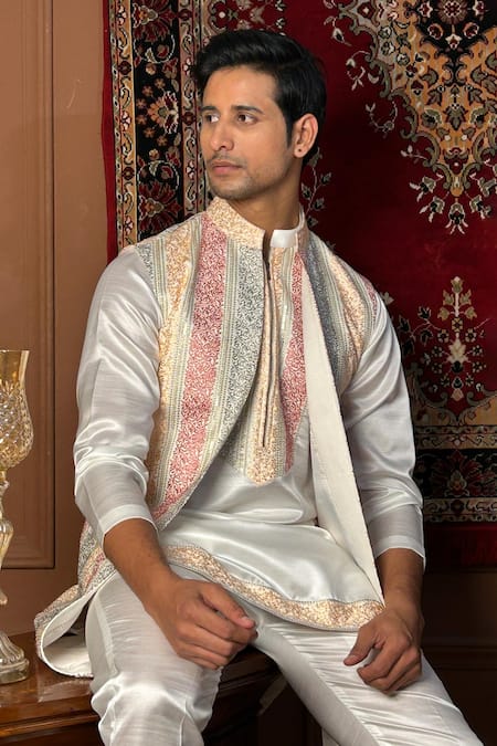 Shop_The House Of Diwans_Cream Polyester Embroidery Bundi And Kurta Set _Online_at_Aza_Fashions