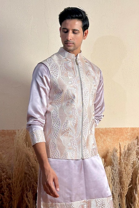 The House Of Diwans_Mauve Polyester Embroidery Thread Bundi And Kurta Set_Online_at_Aza_Fashions