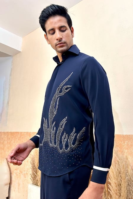 The House Of Diwans Blue Cotton Cut Work Cutdana Embroidered Shirt And Trouser Set at Aza Fashions The House Of Diwans_Blue Cotton Cut Work Cutdana Embroidered Shirt And Trouser Set _at_Aza_Fashions