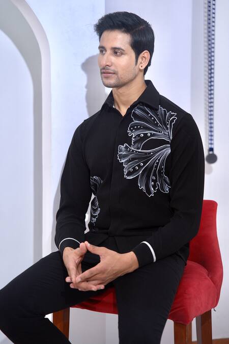 Buy The House Of Diwans Black Cotton Embroidery Floral Hand Painted Shirt And Trouser Set Online at Aza Fashions Buy_The House Of Diwans_Black Cotton Embroidery Floral Hand Painted Shirt And Trouser Set _Online_at_Aza_Fashions