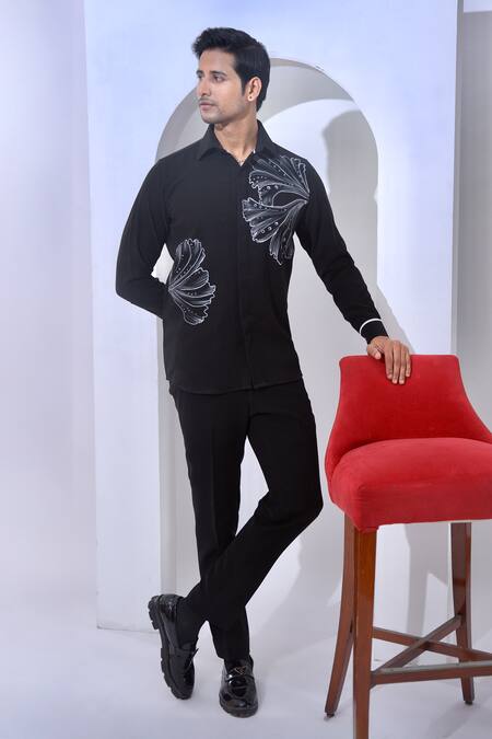 Shop The House Of Diwans Black Cotton Embroidery Floral Hand Painted Shirt And Trouser Set Online at Aza Fashions Shop_The House Of Diwans_Black Cotton Embroidery Floral Hand Painted Shirt And Trouser Set _Online_at_Aza_Fashions