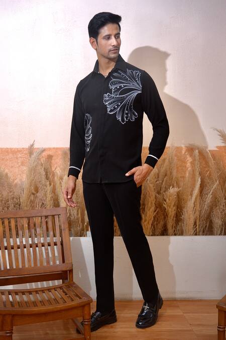 The House Of Diwans Black Cotton Embroidery Floral Hand Painted Shirt And Trouser Set at Aza Fashions The House Of Diwans_Black Cotton Embroidery Floral Hand Painted Shirt And Trouser Set _at_Aza_Fashions