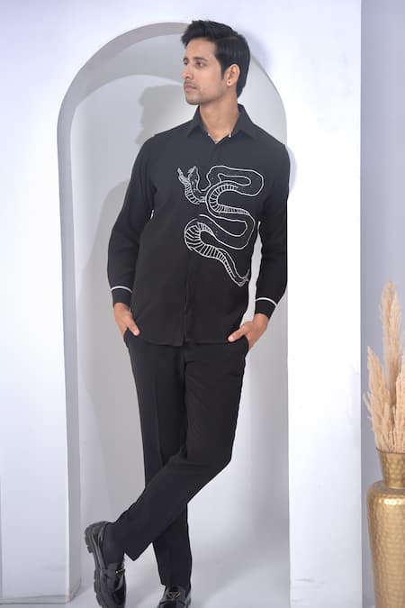 The House Of Diwans Black Japanese Embroidery Thread Snake Shirt And Trouser Set 