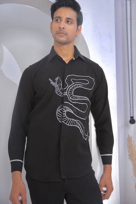 Shop_The House Of Diwans_Black Beads, Embroidery Snake Shirt And Trouser Set _Online_at_Aza_Fashions