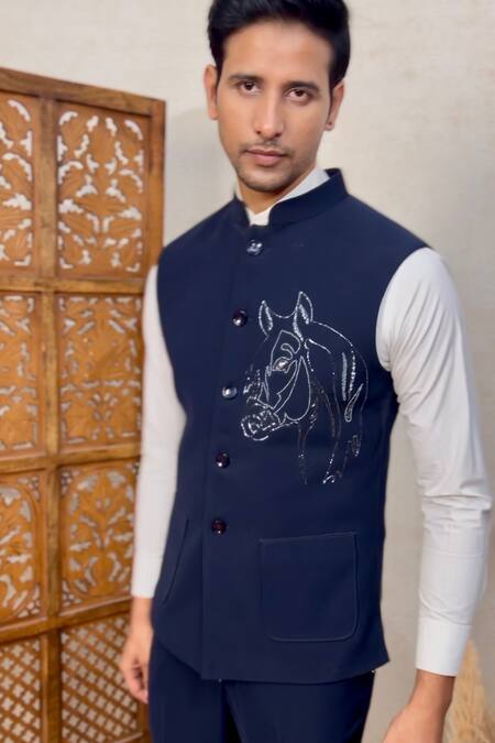 Buy_The House Of Diwans_Blue Cotton, Polyester Cut Work Cutdana Embroidered Bundi Set _Online_at_Aza_Fashions