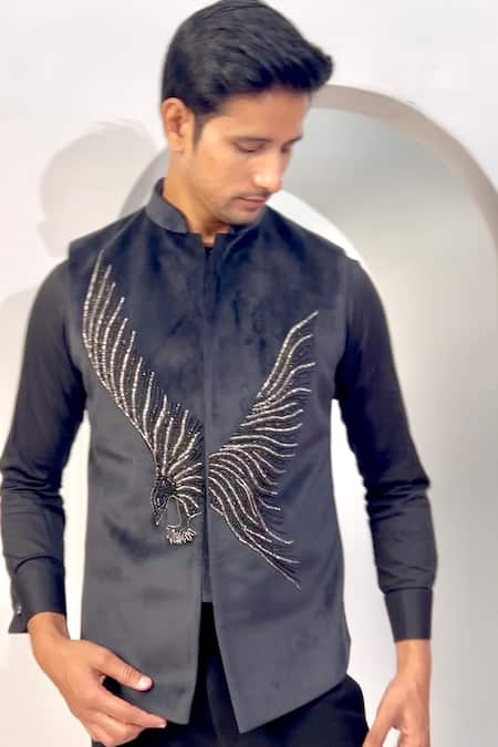 The House Of Diwans Black Bundi Velvet Embroidery Cutdana Bird And Shirt Set 