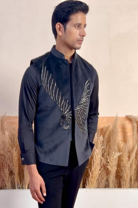 The House Of Diwans Bird Embroidered Black Bundi & Shirt Set 