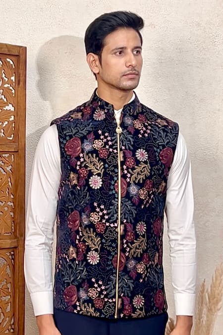 Buy_The House Of Diwans_Blue Velvet, Cotton Embroidery Floral Bundi And Shirt Set _Online_at_Aza_Fashions