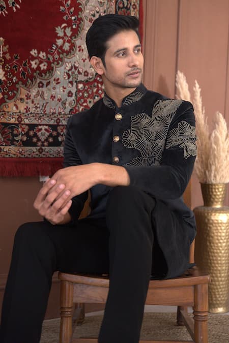 Buy_The House Of Diwans_Black Velvet, Polyester, Viscose Mirrors Moti Embroidered Sherwani Set _Online_at_Aza_Fashions