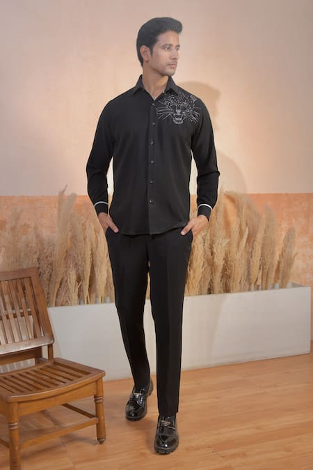 The House Of Diwans Black Japanese Embroidery Cutdana Placement Shirt And Trouser Set 