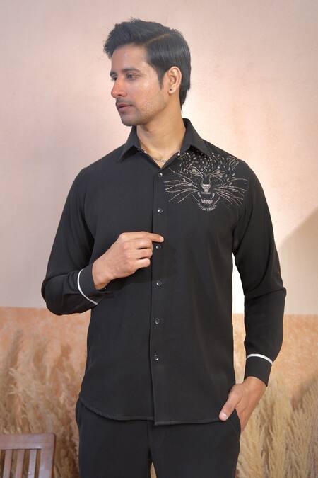 The House Of Diwans_Black Cotton, Polyester Cut Cutdana Placement Embroidered Shirt And Trouser Set _Online_at_Aza_Fashions