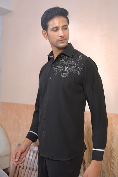 Buy_The House Of Diwans_Black Cotton, Polyester Cut Cutdana Placement Embroidered Shirt And Trouser Set _Online_at_Aza_Fashions
