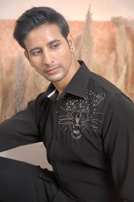 Shop_The House Of Diwans_Black Cotton, Polyester Cut Cutdana Placement Embroidered Shirt And Trouser Set _Online_at_Aza_Fashions