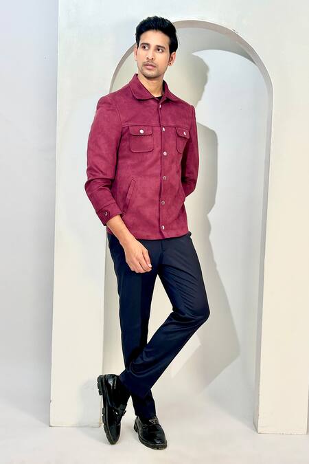 Shop_The House Of Diwans_Wine Suede Full Sleeve Jacket _Online_at_Aza_Fashions