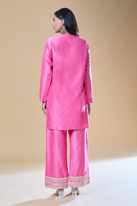 Shop_Samyukta Singhania_Pink Chanderi, Viscose Sequins, Gota Patti Round Neck Work Kurta Pant Set _at_Aza_Fashions